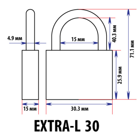 Навесной замок 30, 3 фин. ключа, длинная дужка, EXTRA-L