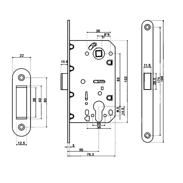 Дверной врезной механизм, защелка магнитная, модель MC85, цвет пол. латунь (PB)