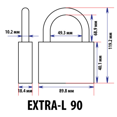 Навесной замок 90, 3 фин. ключа, длинная дужка, EXTRA-L
