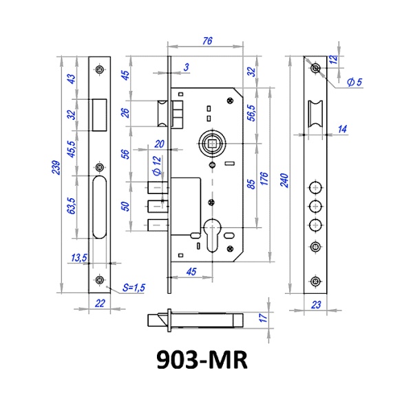 Дверной врезной механизм, под цилиндр, модель 900-3, 3 круг. ригеля, цвет пол. латунь (PB)