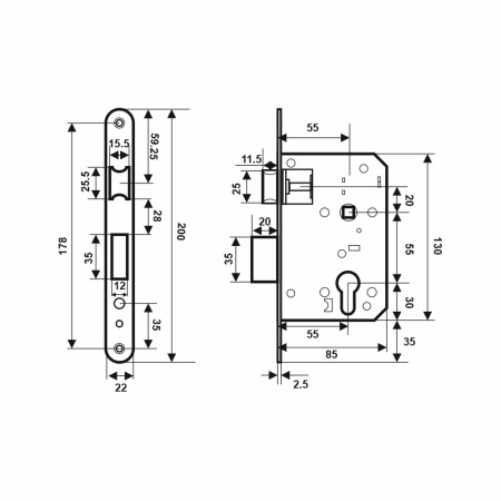 Дверной замок ЗВ4-55 405 (аналог Зенит), цвет пол. латунь (PB)