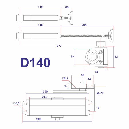Дверной доводчик D140, цвет серебро (SL), САМИР