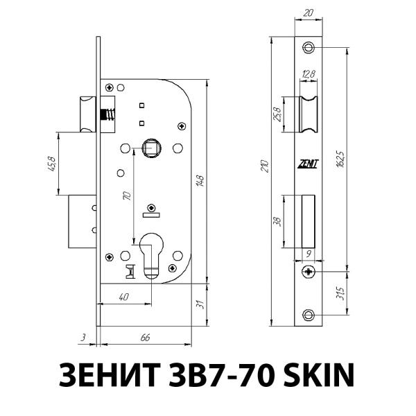 ВРЕЗНОЙ ЗАМОК ПОД ЦИЛИНДР ЗЕНИТ ЗВ7-70 SKIN ЦИНК