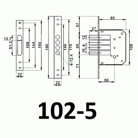 Дверной врезной механизм, круглый ригель, модель 102-5, 5 крест. кл.