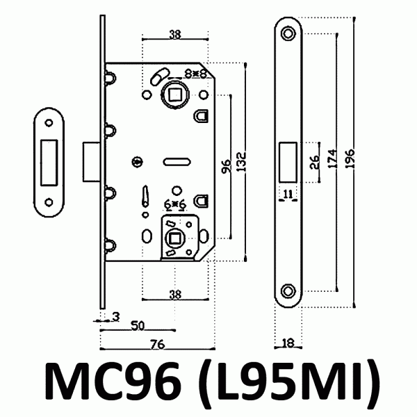 Дверной врезной механизм, защелка магнитная, модель MC96, цвет пол. латунь (PB)