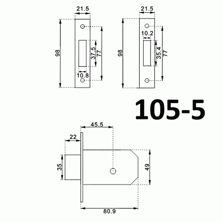 Дверной врезной механизм, прямой ригель, модель 105-5, 5 крест. кл.