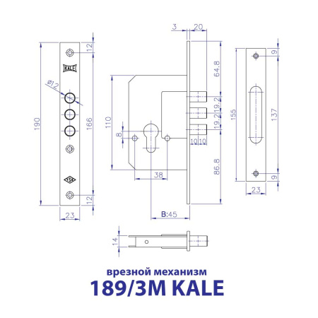 ВРЕЗНОЙ ЗАМОК ПОД ЦИЛИНДР 189/3M KALE 45