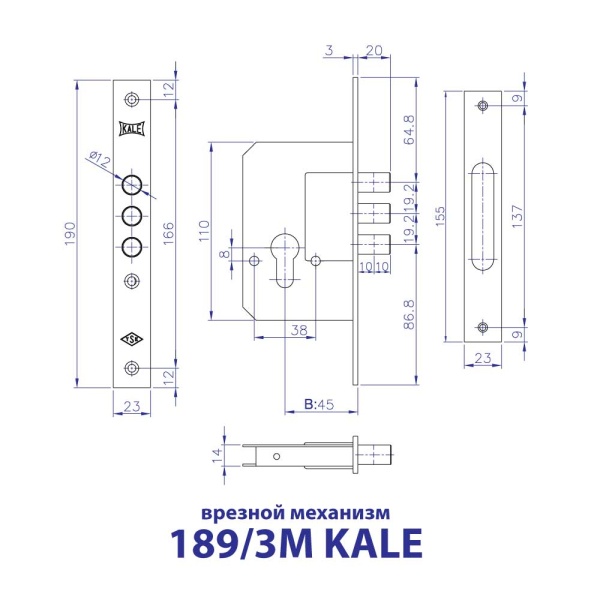 ВРЕЗНОЙ ЗАМОК ПОД ЦИЛИНДР 189/3M KALE 45