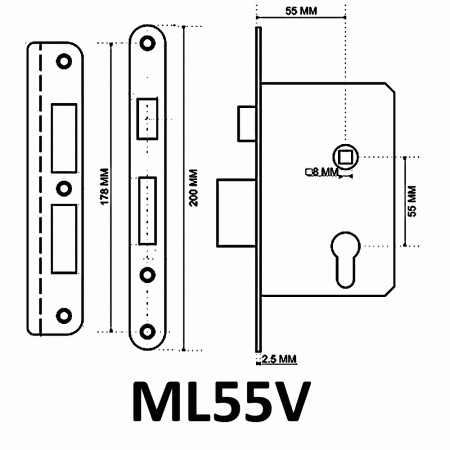 ВРЕЗНОЙ ЗАМОК ПОД ЦИЛИНДР ML55V PB