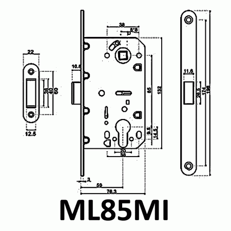 Дверной врезной механизм, защелка магнитная, модель MC85, цвет ант. бронза (AB)