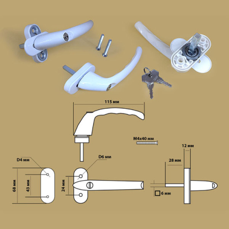 Оконная ручка, металл, для пластиковых окон, с замком и ключами, модель HB-007-ET-M, цвет белый (WW)