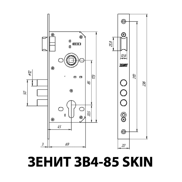 ВРЕЗНОЙ ЗАМОК ПОД ЦИЛИНДР ЗЕНИТ ЗВ4-85 SKIN ЦИНК